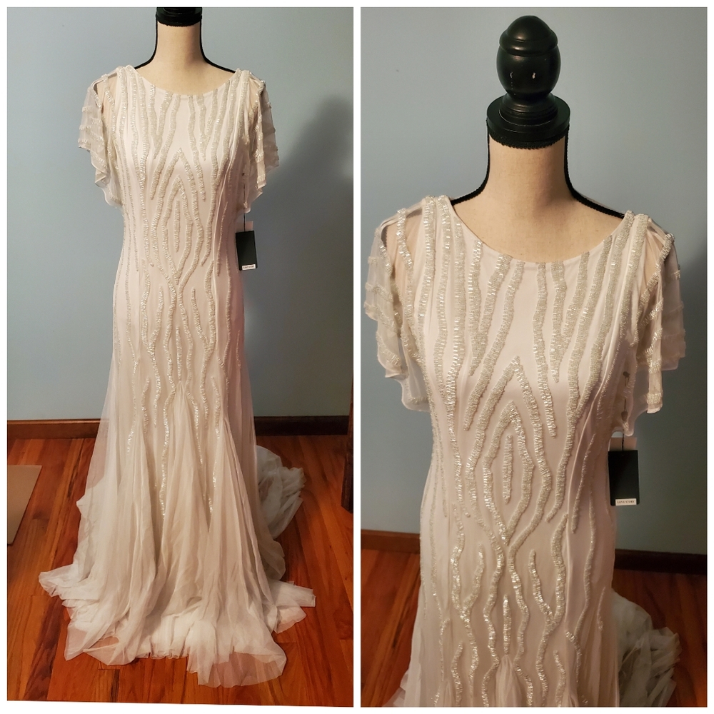 HOLD 👗 Adrianna Papell Beaded Love Story Wedding Gown Ivory Size 8 NWT Train - Picture 2 of 12